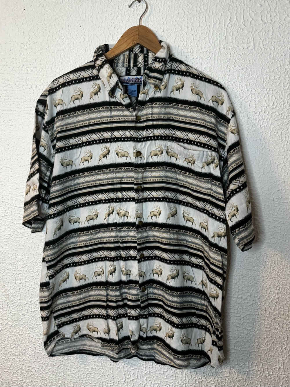 Casual Short-Sleeve Button-Down Shirt — White, Black & Tan Southwestern Print